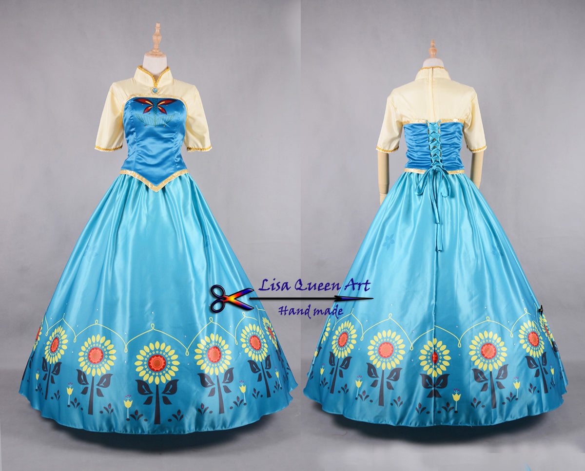 open lace back dress Princess Anna Printed Sunflower Suits Frozen 2 Anna Queen Cosplay Cost –  Mermaidcosplay
