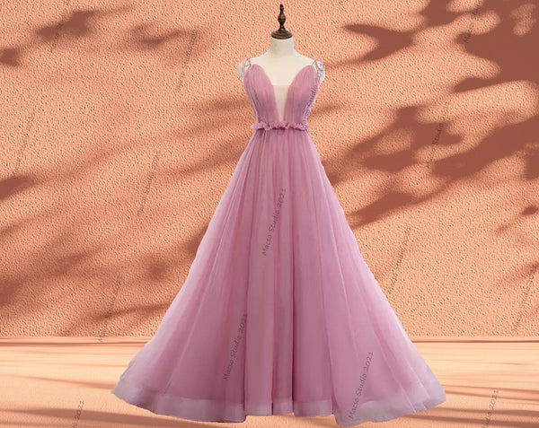 CUSTOM Bean paste pink Princess Prom Dress Women Wedding Dress Evening Prom Party Dress Graduation Dress Birthday Gown Deep V neck