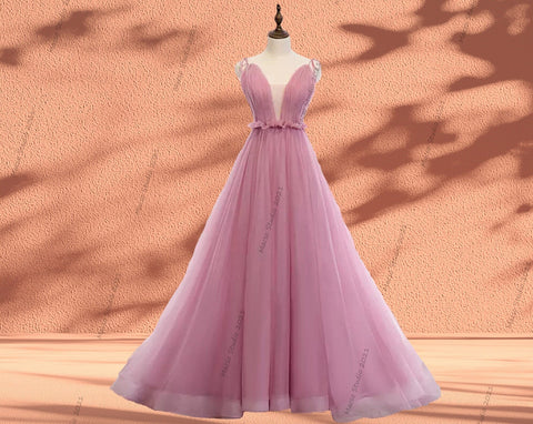 CUSTOM Bean paste pink Princess Prom Dress Women Wedding Dress Evening Prom Party Dress Graduation Dress Birthday Gown Deep V neck