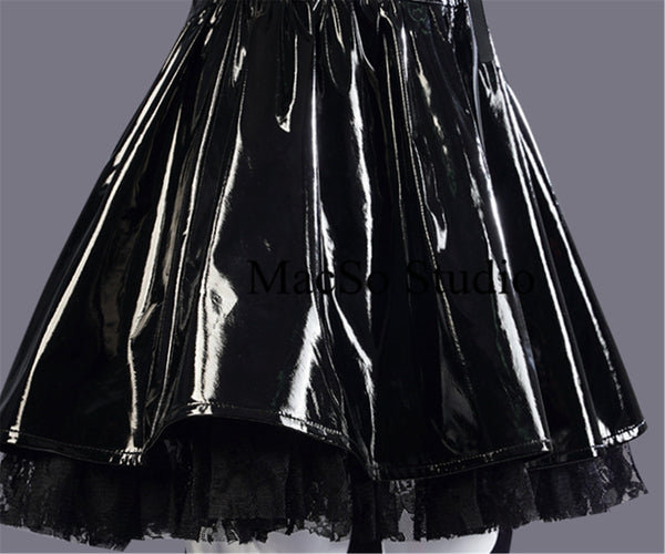 Black Shiny leather&Lace dress Cosplay Women dress Cosplay dress Party Dress Girls Cosplay Costume Back zipper Sexy Leather Dress