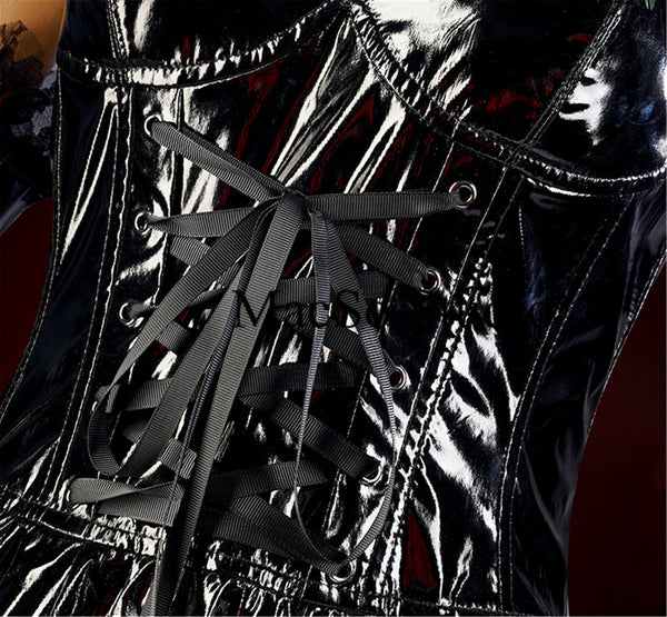 Black Shiny leather&Lace dress Cosplay Women dress Cosplay dress Party Dress Girls Cosplay Costume Back zipper Sexy Leather Dress