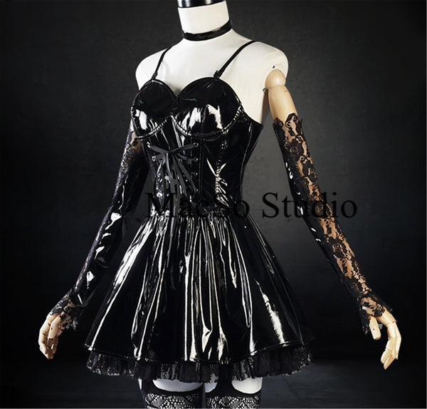 Black Shiny leather&Lace dress Cosplay Women dress Cosplay dress Party Dress Girls Cosplay Costume Back zipper Sexy Leather Dress