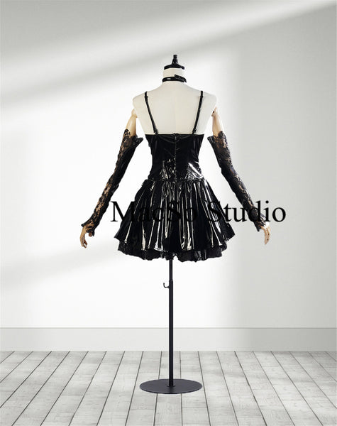 Black Shiny leather&Lace dress Cosplay Women dress Cosplay dress Party Dress Girls Cosplay Costume Back zipper Sexy Leather Dress