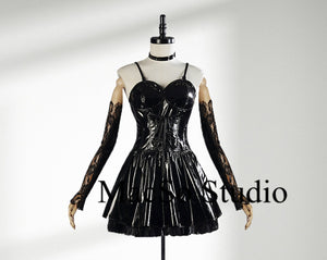 Black Shiny leather&Lace dress Cosplay Women dress Cosplay dress Party Dress Girls Cosplay Costume Back zipper Sexy Leather Dress