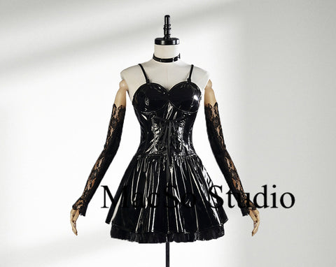 Black Shiny leather&Lace dress Cosplay Women dress Cosplay dress Party Dress Girls Cosplay Costume Back zipper Sexy Leather Dress