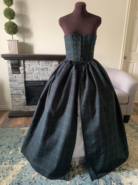 Blackwatch Tartan Plaid Green Black Blue Corset Cincher Skirt Over Dress Pirate Irish Celtic Scottish Renaissance Wedding