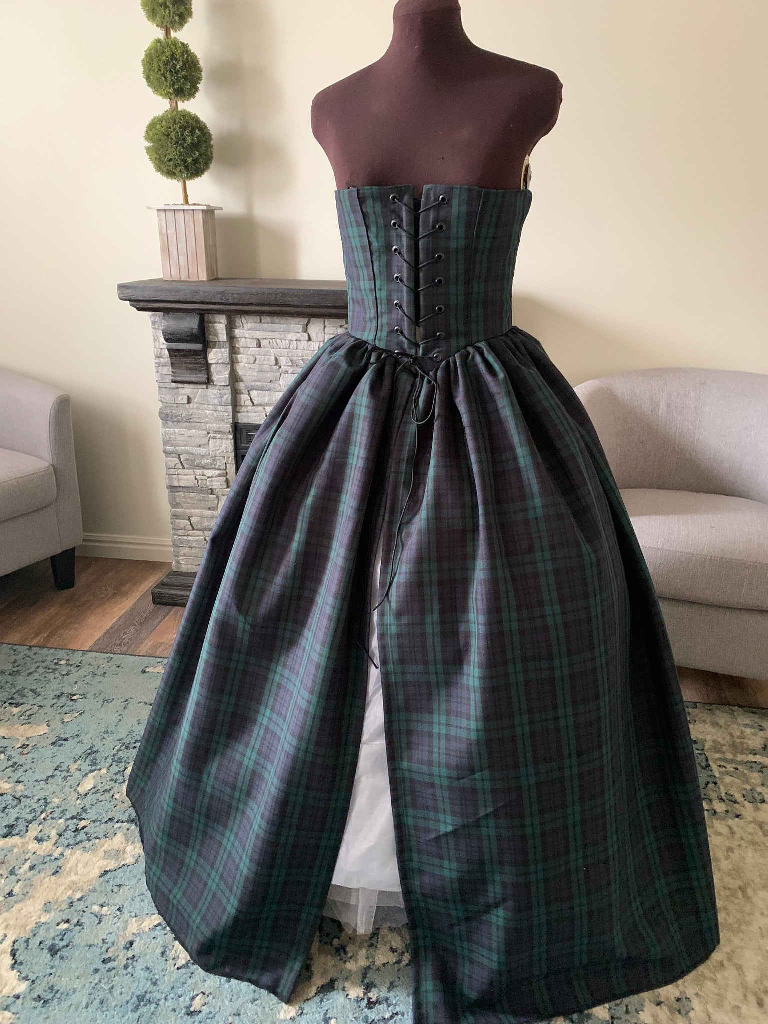 Blackwatch Tartan Plaid Green Black Blue Corset Cincher Skirt Over Dress Pirate Irish Celtic Scottish Renaissance Wedding