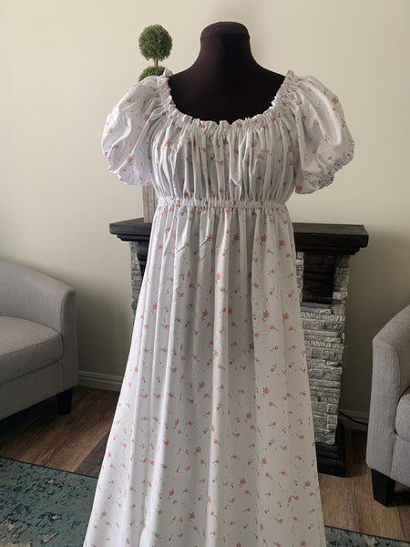 Bridgerton White Full length Floral Print Dress Jane Austin Pride and Prejudice Regency Cosplay