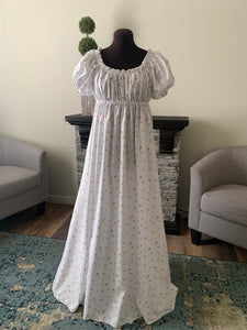 Bridgerton White Full length Floral Print Dress Jane Austin Pride and Prejudice Regency Cosplay