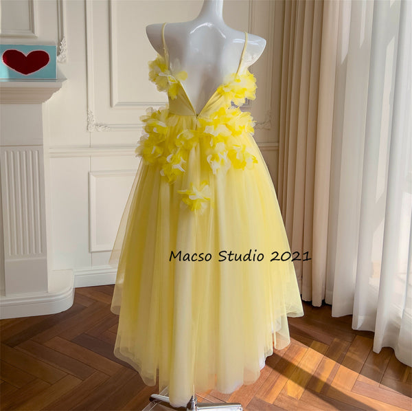 Bright yellow short prom dress sleeveless dress daily dress Party Birthday women summer Dress yellow Lolita Dress Graduation Gown