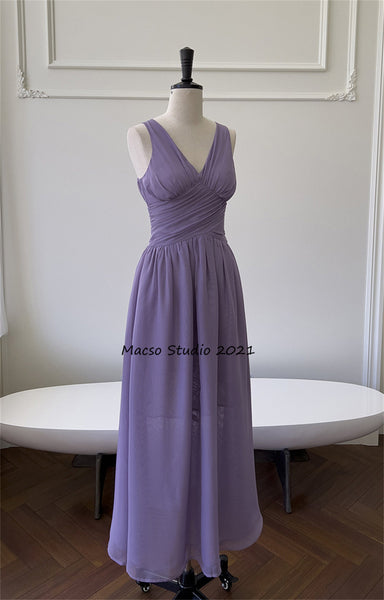 Deep V Purple Chiffon prom dress sleeveless lovely Lilac dress daily dress Party Birthday Dress women summer Dress Bridesmaid Dress