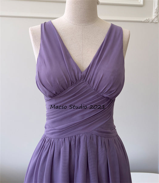 Deep V Purple Chiffon prom dress sleeveless lovely Lilac dress daily dress Party Birthday Dress women summer Dress Bridesmaid Dress