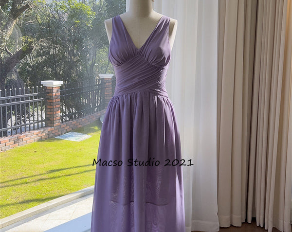 Deep V Purple Chiffon prom dress sleeveless lovely Lilac dress daily dress Party Birthday Dress women summer Dress Bridesmaid Dress