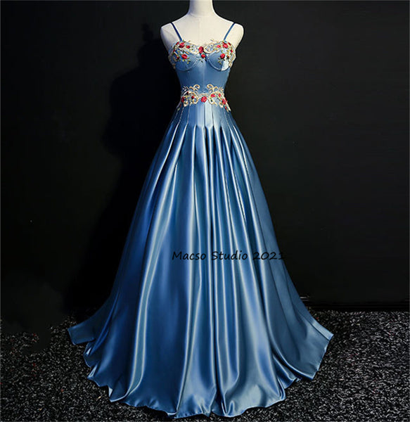 Elegant Flower blue Satin gown Princess blue Prom Dress Women Wedding Dress Prom Dress Party Dress Graduation Dress Birthday Gown