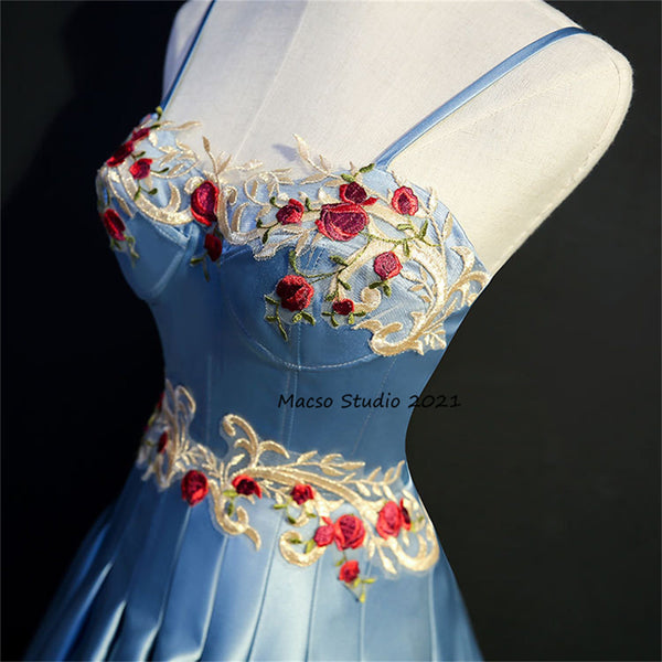 Elegant Flower blue Satin gown Princess blue Prom Dress Women Wedding Dress Prom Dress Party Dress Graduation Dress Birthday Gown