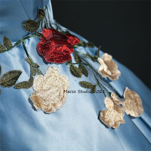 Elegant Flower blue Satin gown Princess blue Prom Dress Women Wedding Dress Prom Dress Party Dress Graduation Dress Birthday Gown