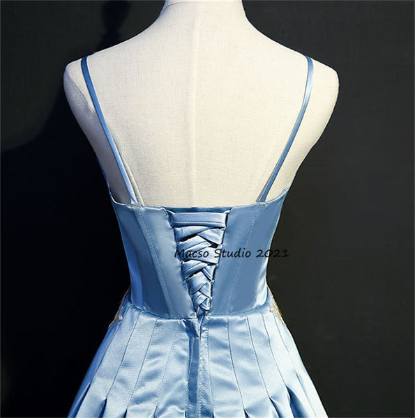 Elegant Flower blue Satin gown Princess blue Prom Dress Women Wedding Dress Prom Dress Party Dress Graduation Dress Birthday Gown