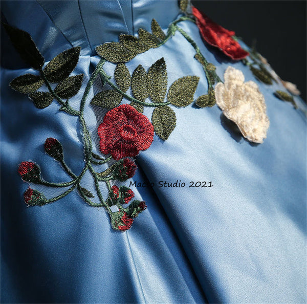 Elegant Flower blue Satin gown Princess blue Prom Dress Women Wedding Dress Prom Dress Party Dress Graduation Dress Birthday Gown