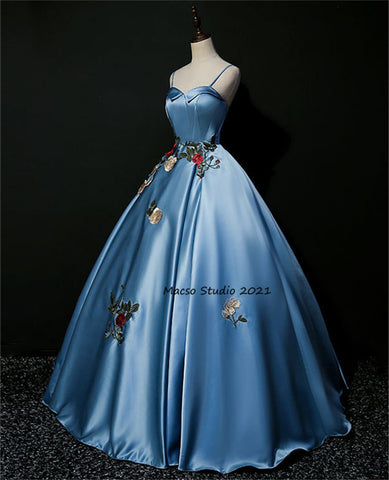 Elegant Flower blue Satin gown Princess blue Prom Dress Women Wedding Dress Prom Dress Party Dress Graduation Dress Birthday Gown