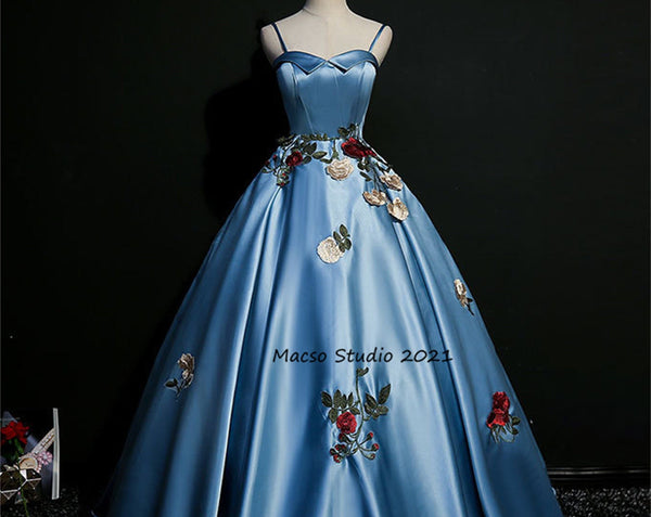 Elegant Flower blue Satin gown Princess blue Prom Dress Women Wedding Dress Prom Dress Party Dress Graduation Dress Birthday Gown