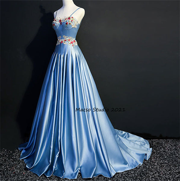 Elegant Flower blue Satin gown Princess blue Prom Dress Women Wedding Dress Prom Dress Party Dress Graduation Dress Birthday Gown