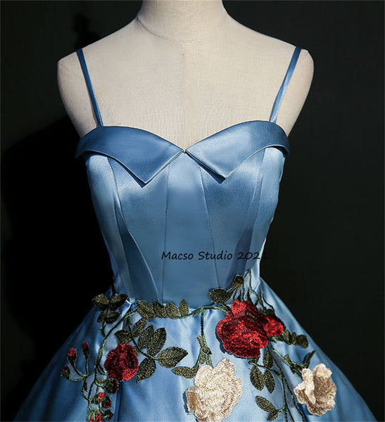 Elegant Flower blue Satin gown Princess blue Prom Dress Women Wedding Dress Prom Dress Party Dress Graduation Dress Birthday Gown