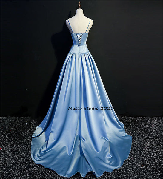 Elegant Flower blue Satin gown Princess blue Prom Dress Women Wedding Dress Prom Dress Party Dress Graduation Dress Birthday Gown