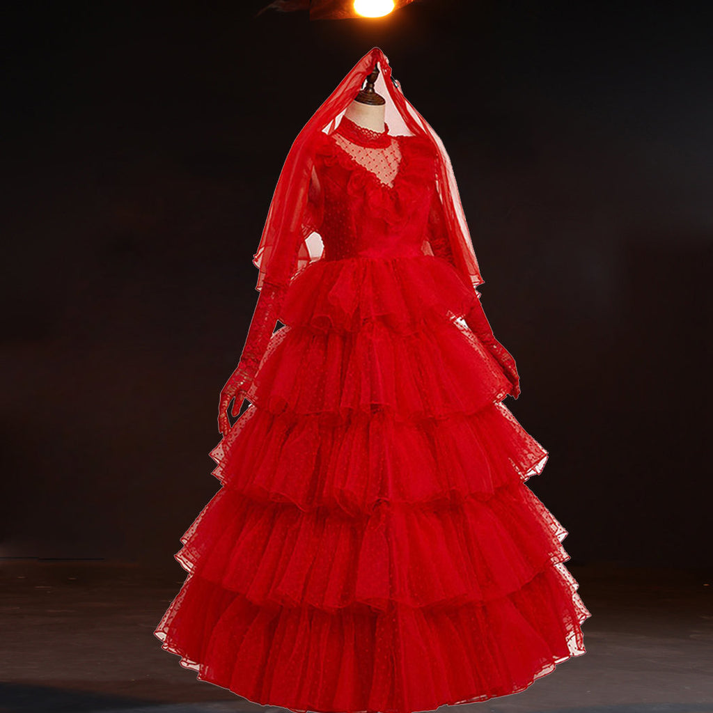 lydia red wedding dress Amazon.com: WEFONLLICOS 4PCS Women Lydia Deetz Costume Dress Beetle Bride Red Wedding Dress with Wig Veil Gloves Cosplay Gothic for Adult Halloween (Small) : Clothing, Shoes & Jewelry