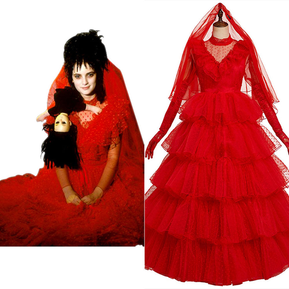 Cosplay Costume Lydia Red Wedding Dress Movie Beetlejuice Lydia Deetz