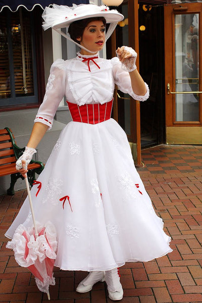 Mary Poppins Costume White and Red Dress with Hat