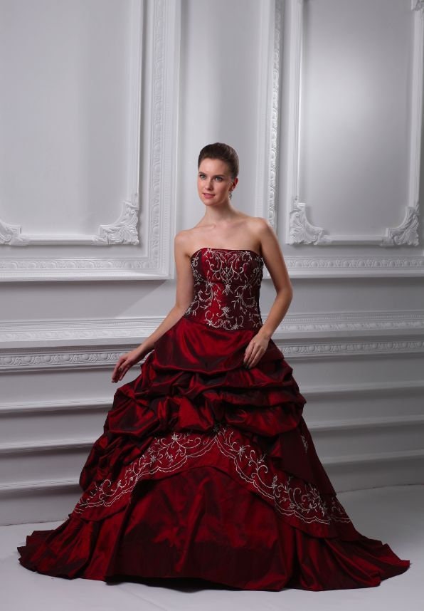 Red Taffeta Long Train Wedding Dress