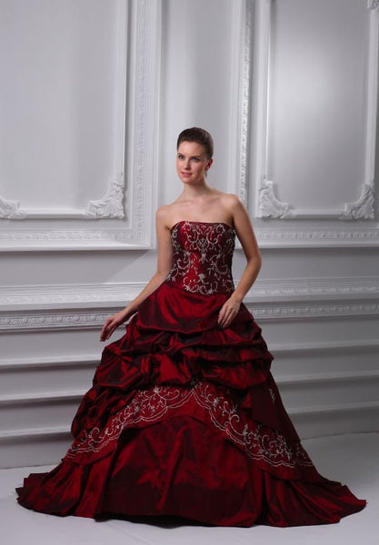 Red Taffeta Long Train Wedding Dress