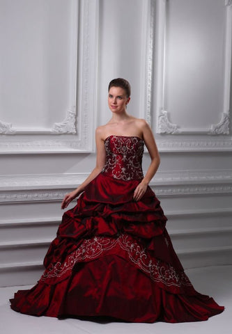 Red Taffeta Long Train Wedding Dress