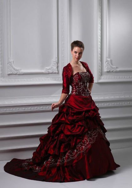 Red Taffeta Long Train Wedding Dress