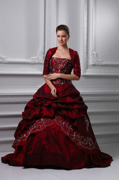 Red Taffeta Long Train Wedding Dress