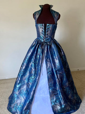 Teal Green Blue Peacock Brocade Dress