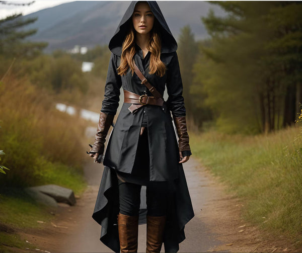 Medieval Warrior Woman Deep Green Cape, Viking Shadow Assassin Costume for her, Moonlit Fighter Women Dress, Ren Fair Tunic, Hooded Cloak