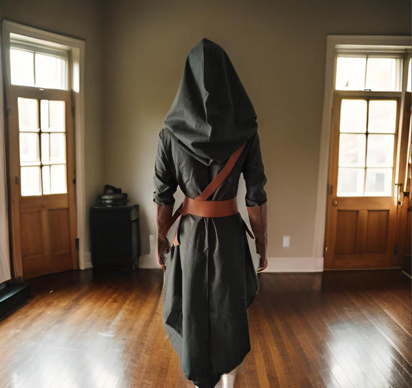 Medieval Warrior Woman Deep Green Cape, Viking Shadow Assassin Costume for her, Moonlit Fighter Women Dress, Ren Fair Tunic, Hooded Cloak