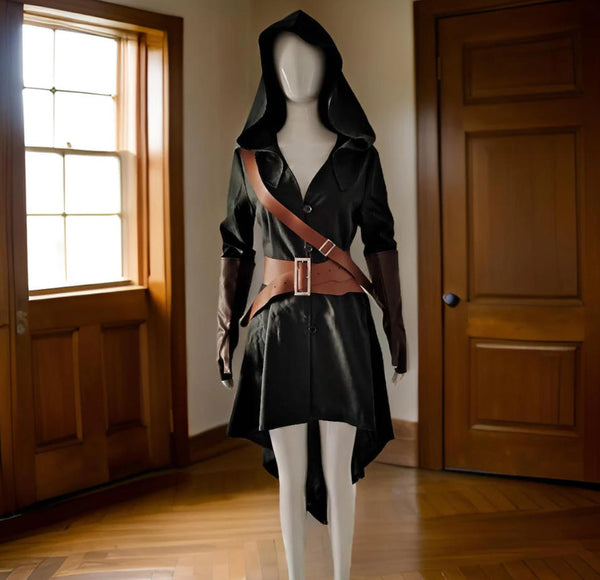 Medieval Warrior Woman Deep Green Cape, Viking Shadow Assassin Costume for her, Moonlit Fighter Women Dress, Ren Fair Tunic, Hooded Cloak