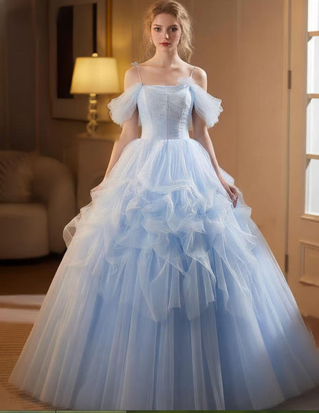 Princess Sky Blue Tulle Prom Dress,Fairy Dresses,Party Dress,Birthday Ball Gown,Girls Graduation Long Dress,Puffy Tulle Dress,Gifts For Her