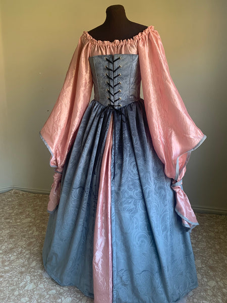 Silver Gray Velvet Lady Corset Gown and Pink Angel Chemise Fantasy Renaissance Over Gown Dress