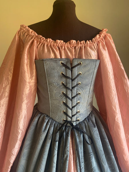 Silver Gray Velvet Lady Corset Gown and Pink Angel Chemise Fantasy Renaissance Over Gown Dress