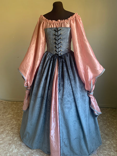 Silver Gray Velvet Lady Corset Gown and Pink Angel Chemise Fantasy Renaissance Over Gown Dress