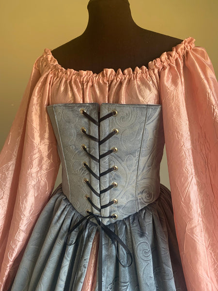Silver Gray Velvet Lady Corset Gown and Pink Angel Chemise Fantasy Renaissance Over Gown Dress