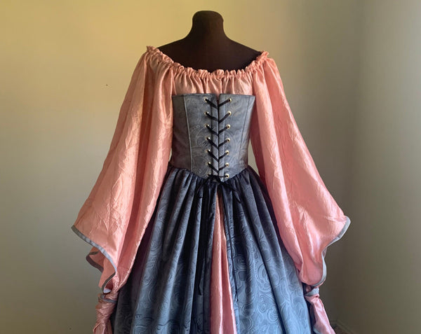 Silver Gray Velvet Lady Corset Gown and Pink Angel Chemise Fantasy Renaissance Over Gown Dress
