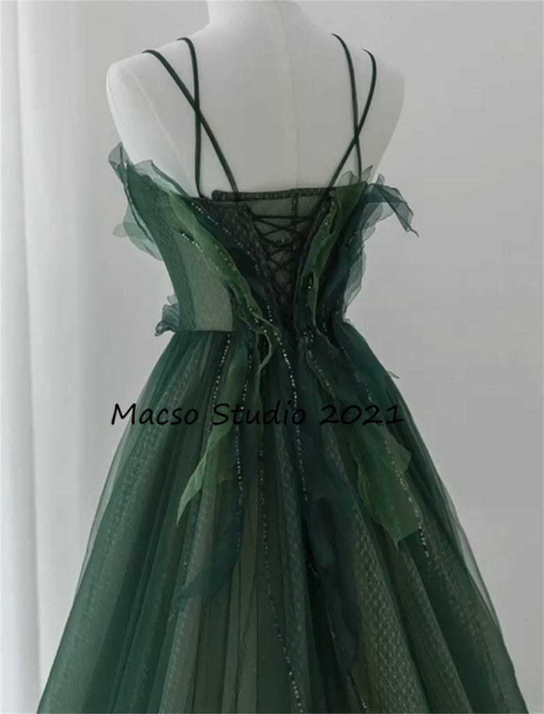open lace back dress Vintage forest green floor length prom dress fairy Emerald Green Party –  Mermaidcosplay