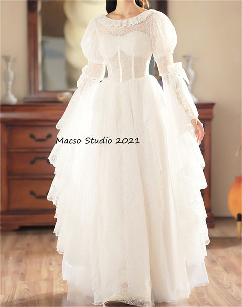 White lace Lolita Prom Dress Vintage Wedding Dress Prom Dress Graduation Dress Birthday Gown Adult Ceremony Dress Evening Prom Party Dress