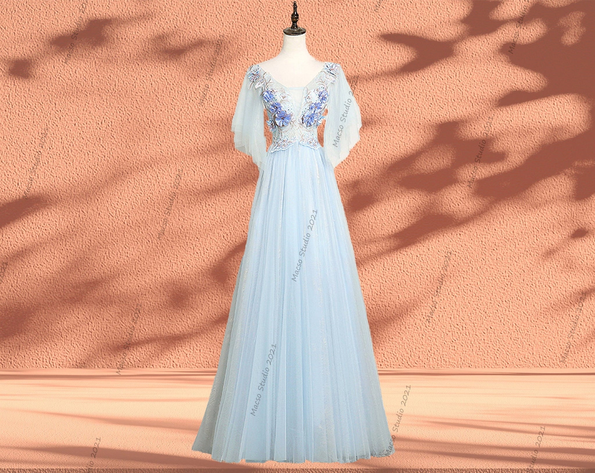 CUSTOM Women flower Blue Long Gown Dress Bridal Gown Bridesmaid Dress Evening Prom Party Dress Blue Formal Graduation Dress custom