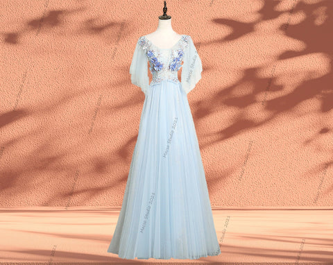 CUSTOM Women flower Blue Long Gown Dress Bridal Gown Bridesmaid Dress Evening Prom Party Dress Blue Formal Graduation Dress custom