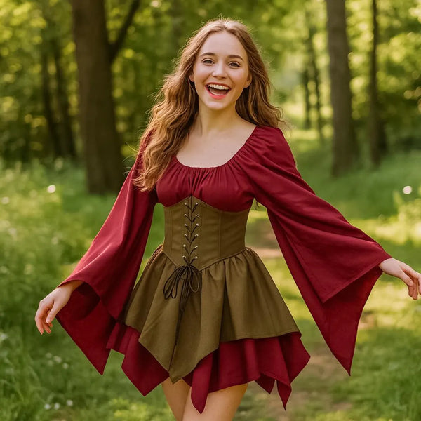 Renaissance Bell Sleeve Gown, Medieval Renaissance Corset Dress, Women's Renaissance Cosplay Dress with Bell Sleeve, Halloween Outfit